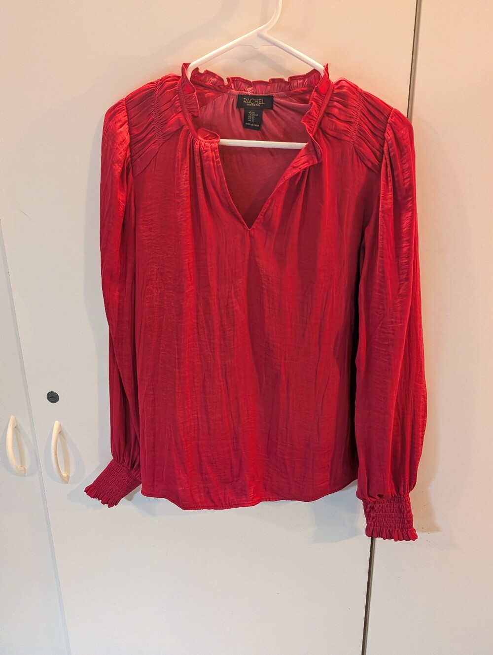 RACHEL Rachel Roy Vibrant Red Satin Long-Sleeve Peasant Blouse Size XS